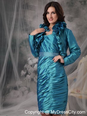 Beading Strapless Pleats Teal Knee-length Mother of the Bride Dress