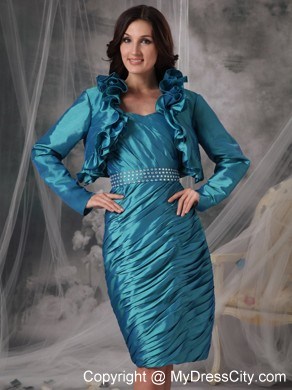 Beading Strapless Pleats Teal Knee-length Mother of the Bride Dress