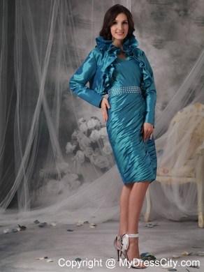 Beading Strapless Pleats Teal Knee-length Mother of the Bride Dress