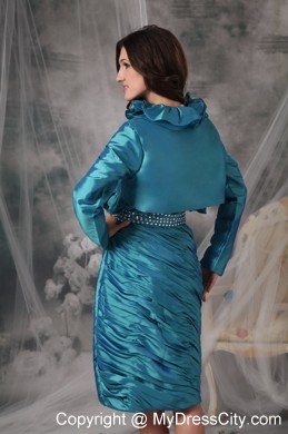 Beading Strapless Pleats Teal Knee-length Mother of the Bride Dress