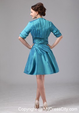 Teal Appliques Ruched Mini-length Jacket Mother Of The Bride Dress