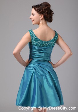 Teal Appliques Ruched Mini-length Jacket Mother Of The Bride Dress