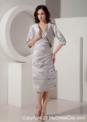 Ruched V-Neck Tea-length Taffeta Wedding Mother Outfits with Jacket