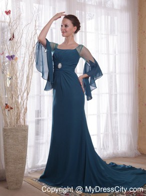 Square Neck Sweep Train Mother of the Bride Dress with flowing Sleeves