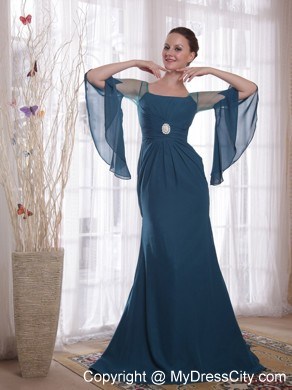 Square Neck Sweep Train Mother of the Bride Dress with flowing Sleeves