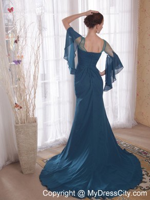 Square Neck Sweep Train Mother of the Bride Dress with flowing Sleeves