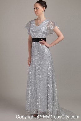 Butterfly Sleeves Sequins Belt Mothers Dresses with Brush Train