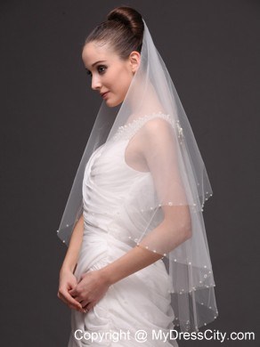 2 Layers Tulle With Pearls Fingertip Veil