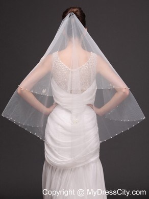 2 Layers Tulle With Pearls Fingertip Veil