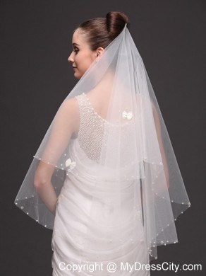 2 Layers Tulle With Pearls Fingertip Veil