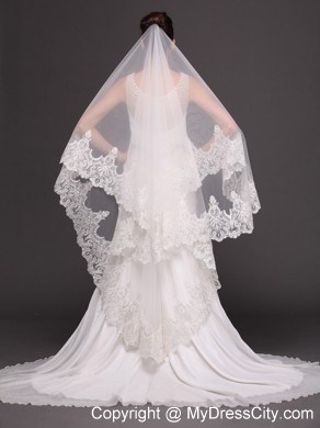 Two-tier Tulle Wedding Veil With Appliques Decorate