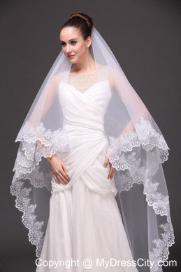 Lace Appliques Two-tier Tulle Drop Veil For Wedding