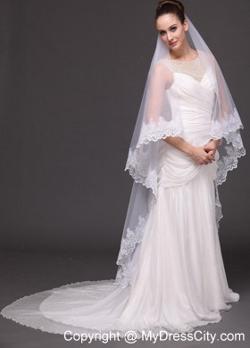 Lace Appliques Two-tier Tulle Drop Veil For Wedding