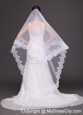 Lace Appliques Two-tier Tulle Drop Veil For Wedding