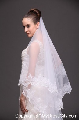 Lace Appliques Two-tier Tulle Drop Veil For Wedding