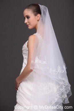 Two-tier Tulle With Pearls Fingertip Veil