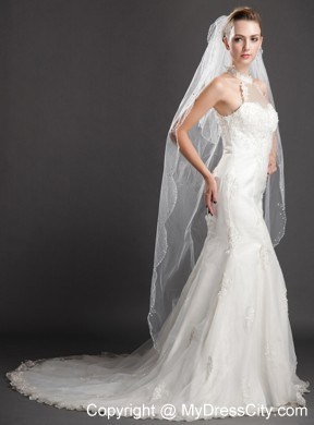 Two-tier Tulle With Pearls Fingertip Veil