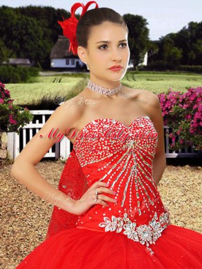 With Train Ball Gowns Sleeveless Red Quinceanera Dress Watteau Train Lace Up