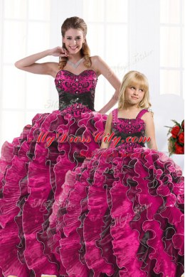 Stylish Sleeveless Organza Floor Length Lace Up Quinceanera Gowns in Hot Pink with Beading and Appliques and Ruffles