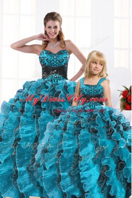 Admirable Sleeveless Organza Floor Length Lace Up Quinceanera Dresses in Aqua Blue with Beading and Appliques and Ruffles