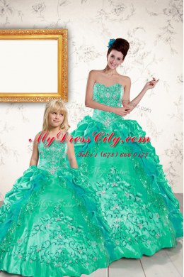 Sleeveless Taffeta Floor Length Lace Up 15 Quinceanera Dress in Turquoise with Beading and Embroidery and Pick Ups