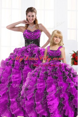 Admirable Fuchsia Sweetheart Lace Up Beading and Appliques and Ruffles Ball Gown Prom Dress Sleeveless