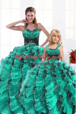 Floor Length Turquoise Sweet 16 Dress Organza Sleeveless Beading and Appliques and Ruffles