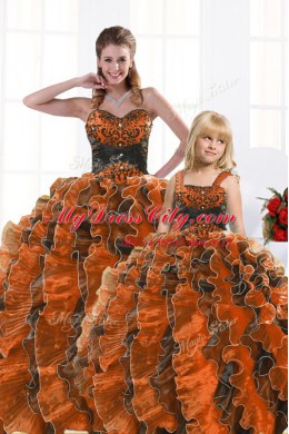 Orange Sweet 16 Dress Military Ball and Sweet 16 and Quinceanera and For with Beading and Appliques and Ruffles Sweetheart Sleeveless Lace Up