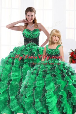 Most Popular Green Quinceanera Dresses Military Ball and Sweet 16 and Quinceanera and For with Beading and Appliques and Ruffles Sweetheart Sleeveless Lace Up