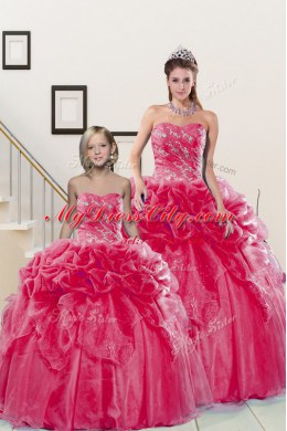 Great Organza Sweetheart Sleeveless Lace Up Beading and Pick Ups Sweet 16 Dress in Coral Red