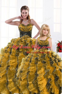 Gold Ball Gowns Sweetheart Sleeveless Organza Floor Length Lace Up Beading and Appliques and Ruffles 15th Birthday Dress