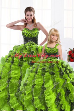 Sweetheart Sleeveless Quinceanera Gown Floor Length Beading and Appliques and Ruffles Olive Green Organza