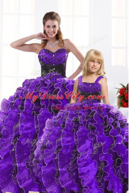 Beautiful Floor Length Black And Purple 15th Birthday Dress Organza Sleeveless Beading and Appliques and Ruffles