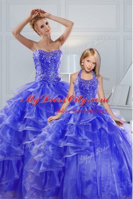 Blue Ball Gowns Organza Sweetheart Sleeveless Beading and Ruffled Layers Floor Length Lace Up Quince Ball Gowns