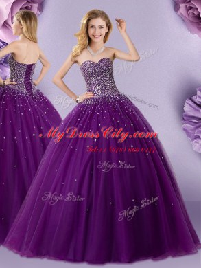 Sleeveless Tulle Floor Length Lace Up Quinceanera Dresses in Dark Purple with Beading