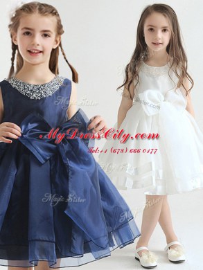 Scoop White and Navy Blue A-line Beading and Bowknot Flower Girl Dresses for Less Zipper Organza Sleeveless Knee Length