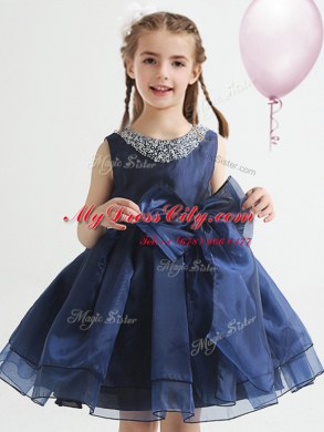 Scoop White and Navy Blue A-line Beading and Bowknot Flower Girl Dresses for Less Zipper Organza Sleeveless Knee Length