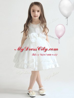 Scoop White and Navy Blue A-line Beading and Bowknot Flower Girl Dresses for Less Zipper Organza Sleeveless Knee Length