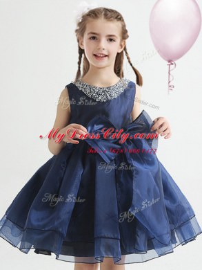 Scoop White and Navy Blue A-line Beading and Bowknot Flower Girl Dresses for Less Zipper Organza Sleeveless Knee Length