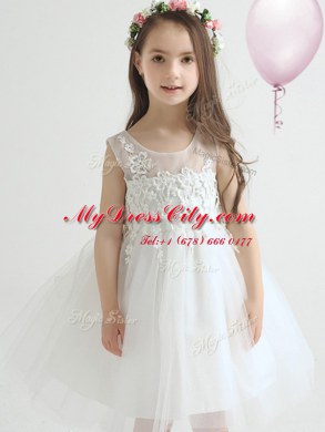 Luxurious Scoop White A-line Appliques and Bowknot Toddler Flower Girl Dress Zipper Tulle Sleeveless Knee Length