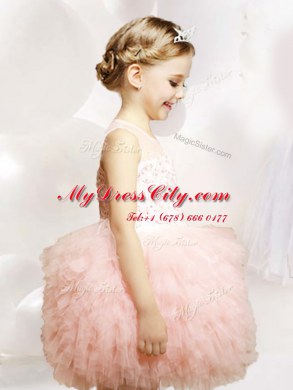 Baby Pink Zipper Scoop Appliques and Ruffles Flower Girl Dresses for Less Tulle Sleeveless