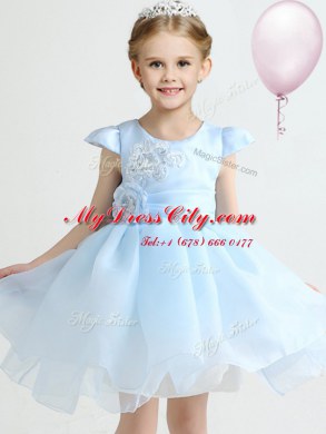 Sweet Scoop Cap Sleeves Mini Length Zipper Flower Girl Dresses for Less Light Blue for Party and Quinceanera and Wedding Party with Appliques and Bowknot and Hand Made Flower