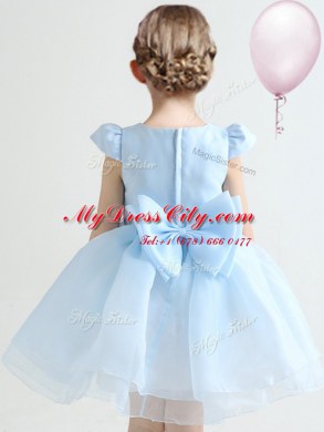 Sweet Scoop Cap Sleeves Mini Length Zipper Flower Girl Dresses for Less Light Blue for Party and Quinceanera and Wedding Party with Appliques and Bowknot and Hand Made Flower