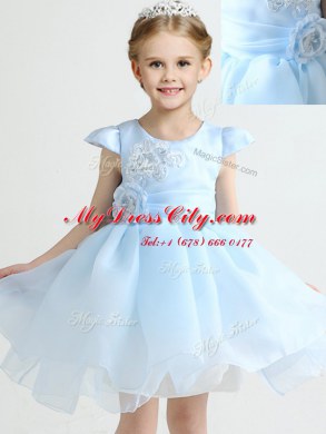 Sweet Scoop Cap Sleeves Mini Length Zipper Flower Girl Dresses for Less Light Blue for Party and Quinceanera and Wedding Party with Appliques and Bowknot and Hand Made Flower