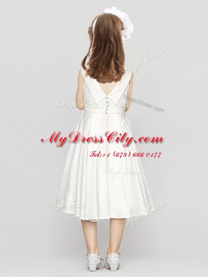 Dynamic Scoop Clasp Handle White Sleeveless Bowknot and Hand Made Flower Tea Length Flower Girl Dresses for Less