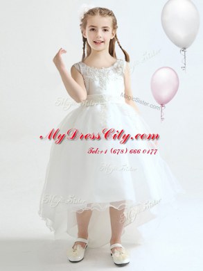 Fine White Lace Up Scoop Appliques Flower Girl Dress Organza Sleeveless