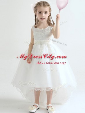 Fine White Lace Up Scoop Appliques Flower Girl Dress Organza Sleeveless