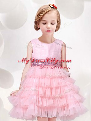 Baby Pink Zipper Scoop Ruffled Layers and Sequins and Bowknot Flower Girl Dress Tulle Sleeveless