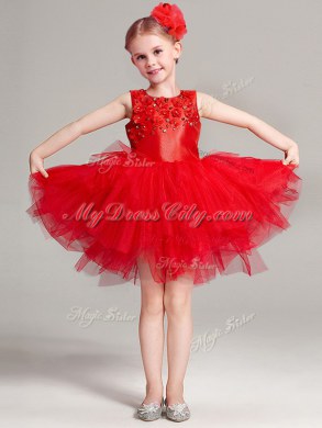 Scoop Red Sleeveless Appliques and Ruffles Mini Length Flower Girl Dress