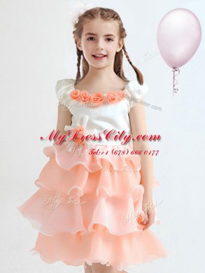 Scoop Knee Length Peach Toddler Flower Girl Dress Organza Cap Sleeves Ruffled Layers and Hand Made Flower